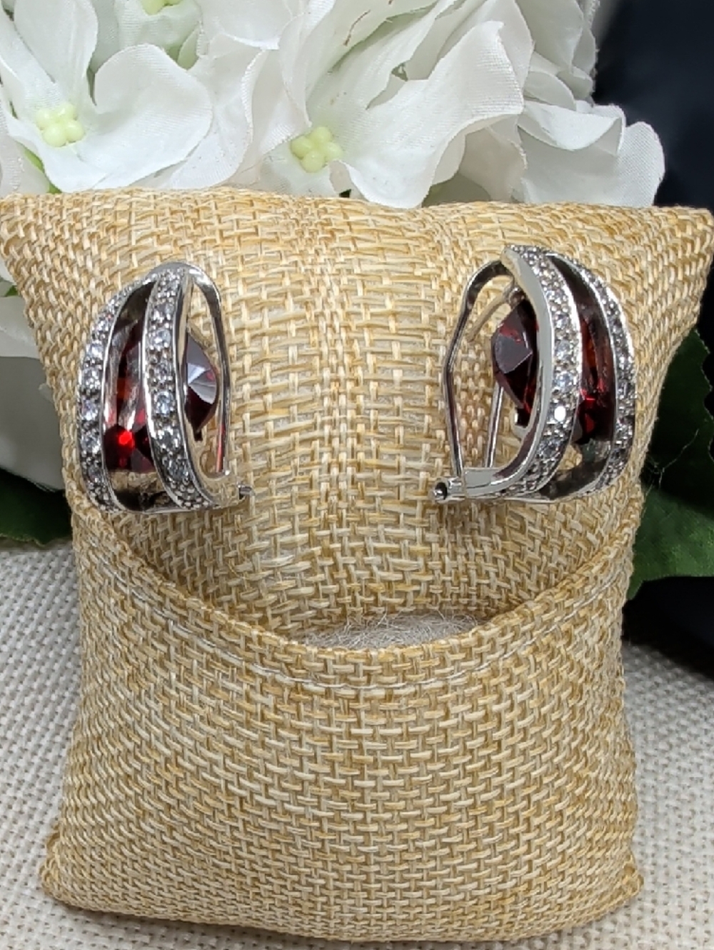 Vintage 925 Sterling Silver Garnet Half Hoop Lever Back Earrings - Picture 3 of 17